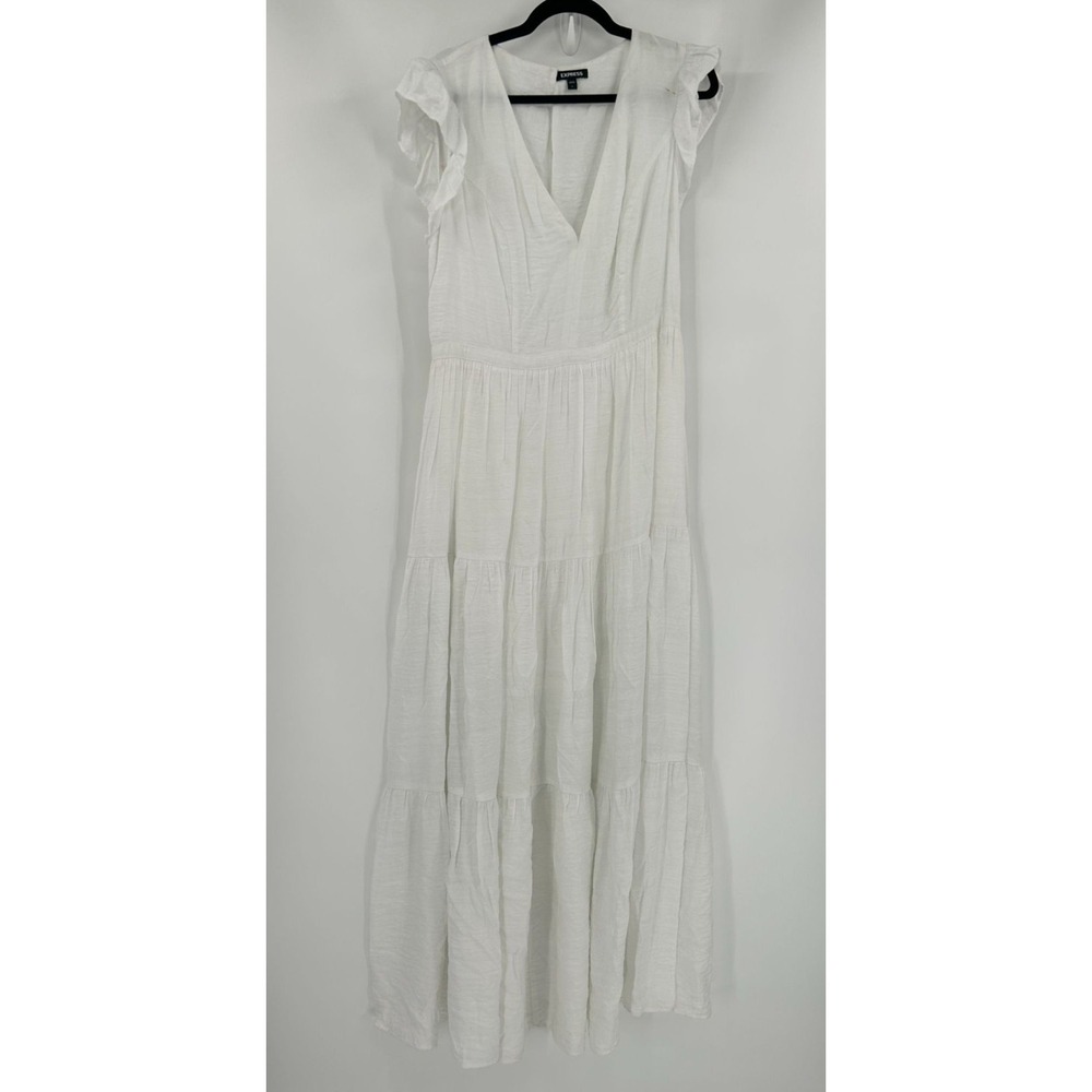 White Express Womens Size L Maxi Dress Layered Tiered Ruffle White